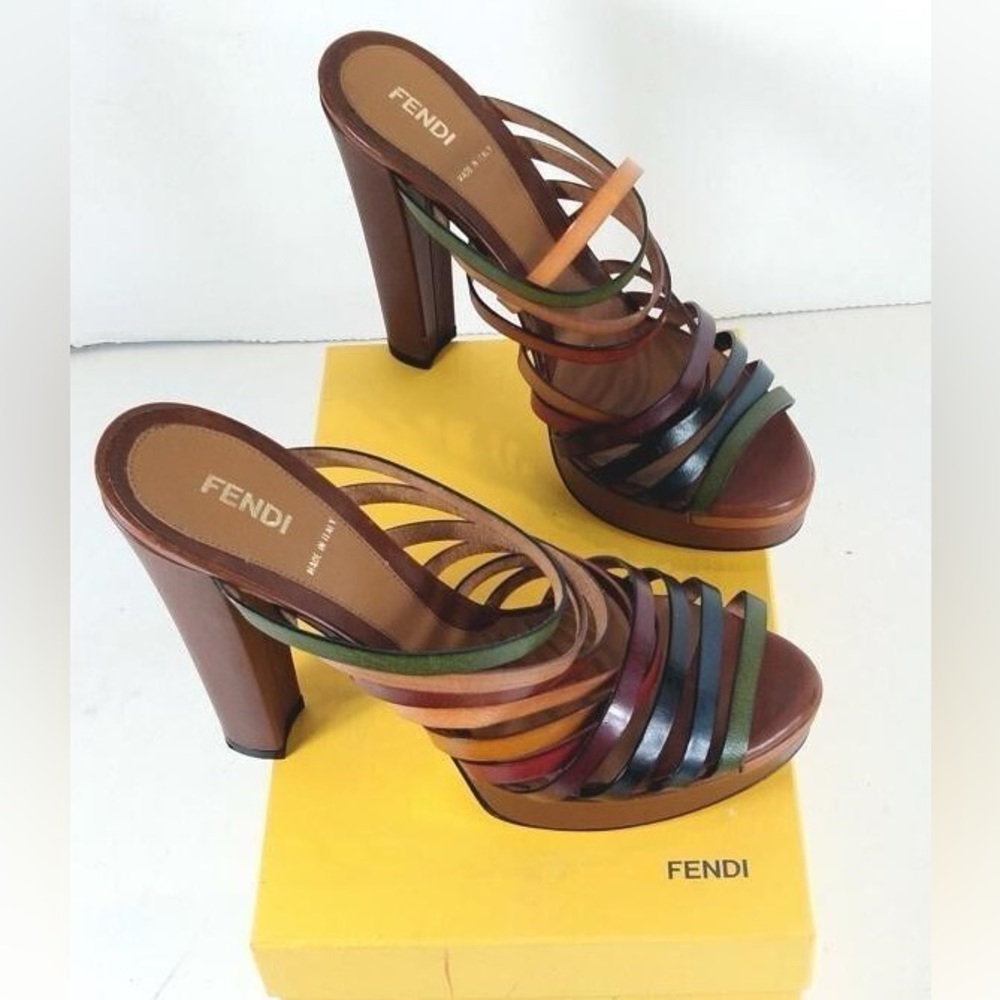 Fendi Chunky Heeled Platform - Rainbow Leather Straps Sz 8.5 US